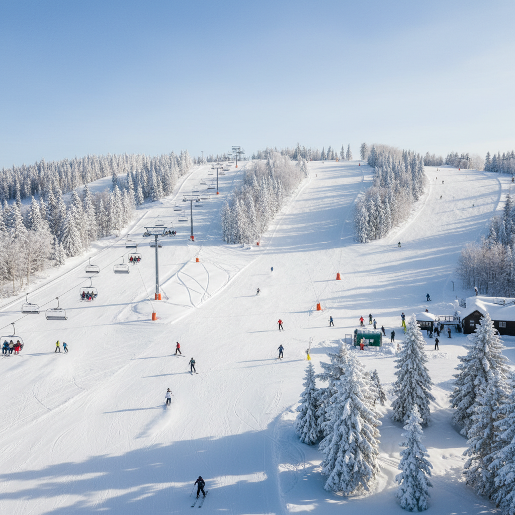 Skiers and snowboarders on the slopes at Blue Mountain Resort with the village visible at the base and Georgian Bay in the distance