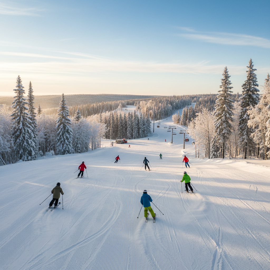 Skiers on the slopes at Blue Mountain Resort with the village visible below