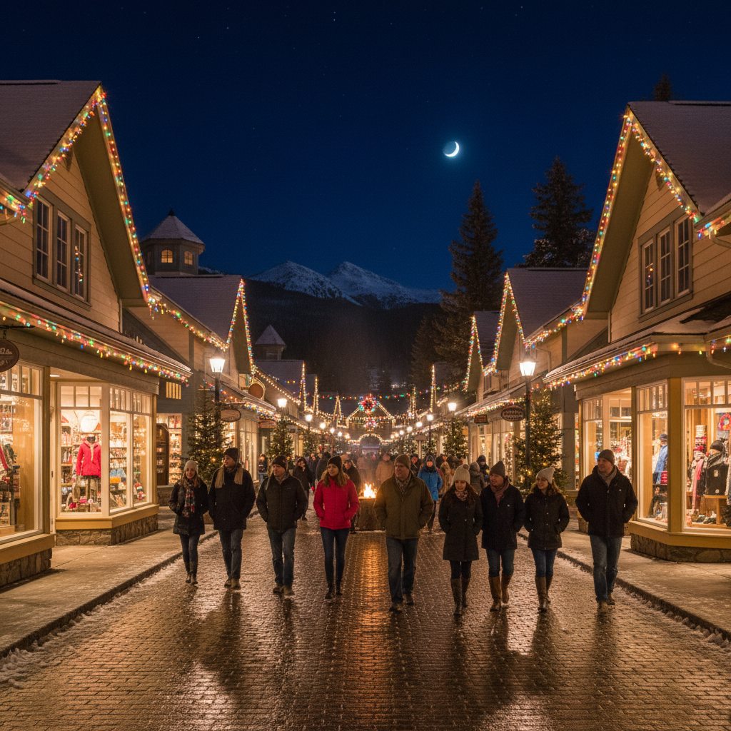 Blue Mountain Village at night with colourful lights reflecting on the snow and visitors walking through the pedestrian plaza