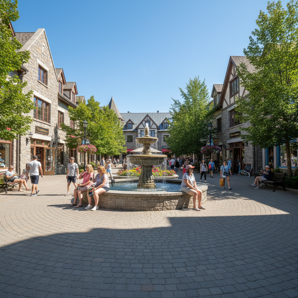 Blue Mountain Village central plaza with pedestrians, restaurants, and the mountain visible in the background