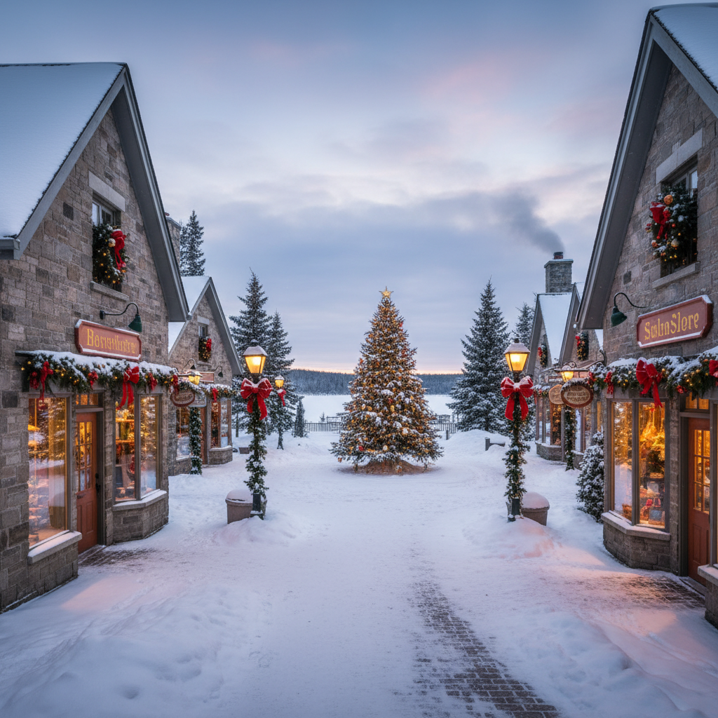 Blue Mountain Village pedestrian area in winter with snow-covered buildings, lights, and visitors walking between shops and restaurants