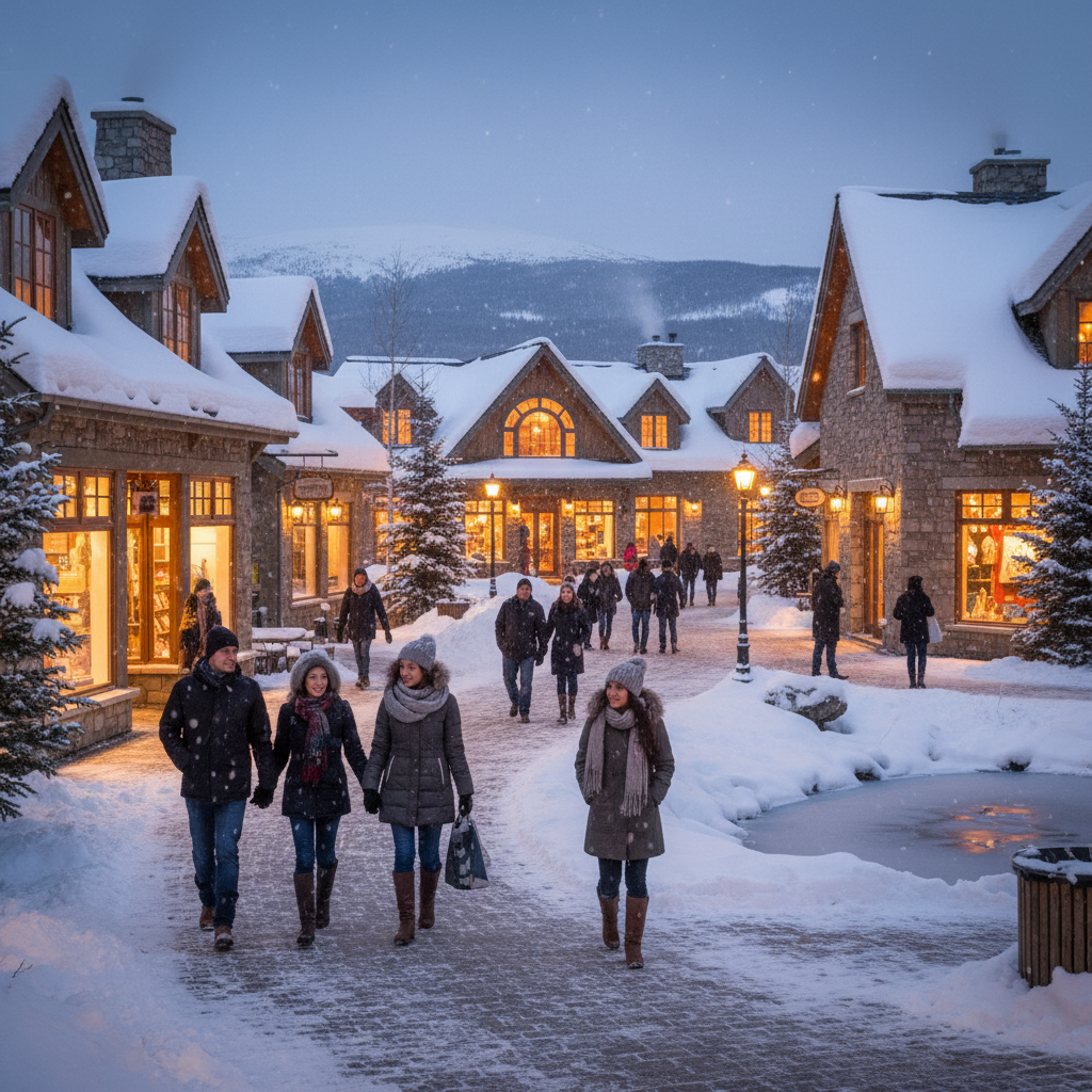 Blue Mountain Village pedestrian area with shops and restaurants in summer
