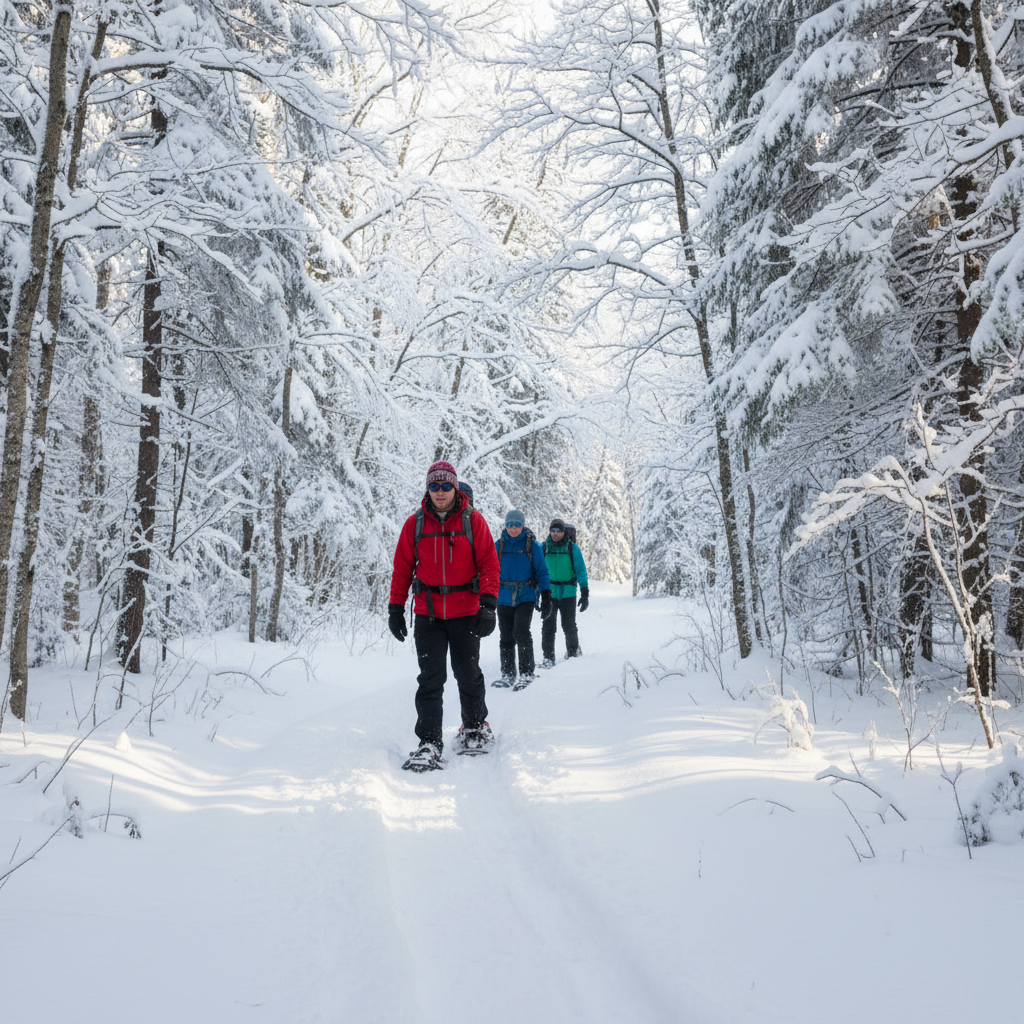 Snowshoers on a section of the Bruce Trail near Collingwood in winter with snow-covered trees and escarpment views