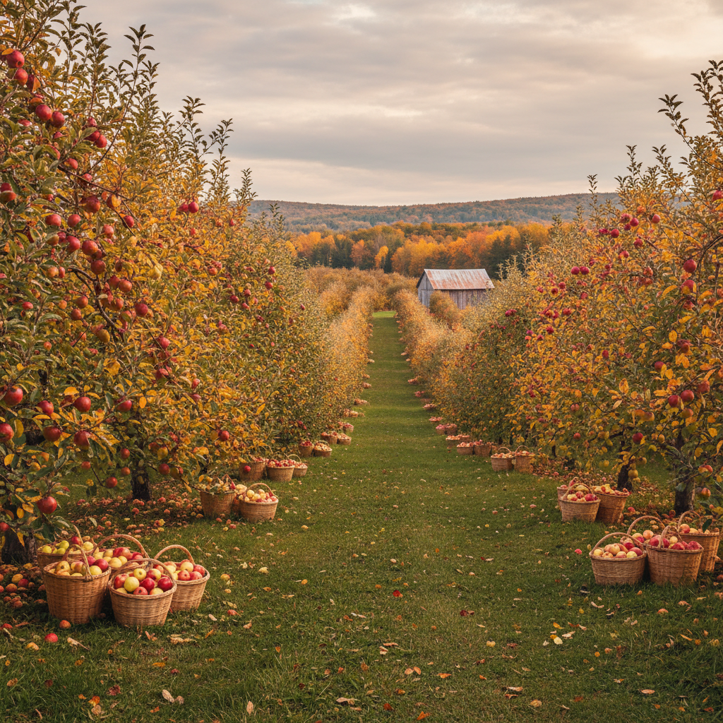 Apple orchard near Collingwood with ripe red apples and fall colours in the background