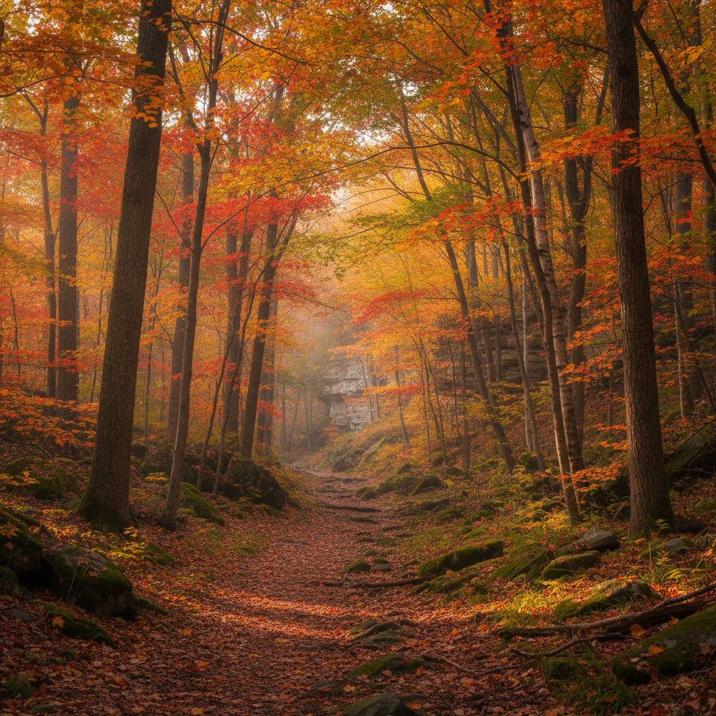 Fall colours on the Niagara Escarpment near Collingwood with reds, oranges, and golds