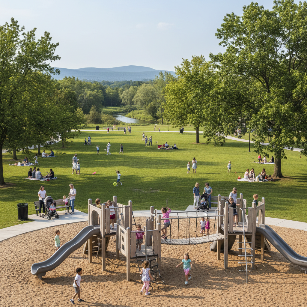 Family walking through a Collingwood park with trees and playground