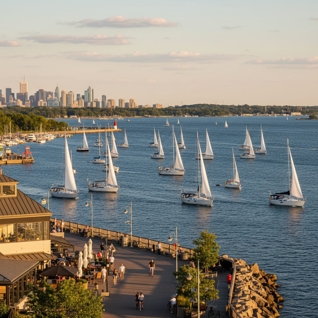 Collingwood harbour with sailboats and blue sky in summer