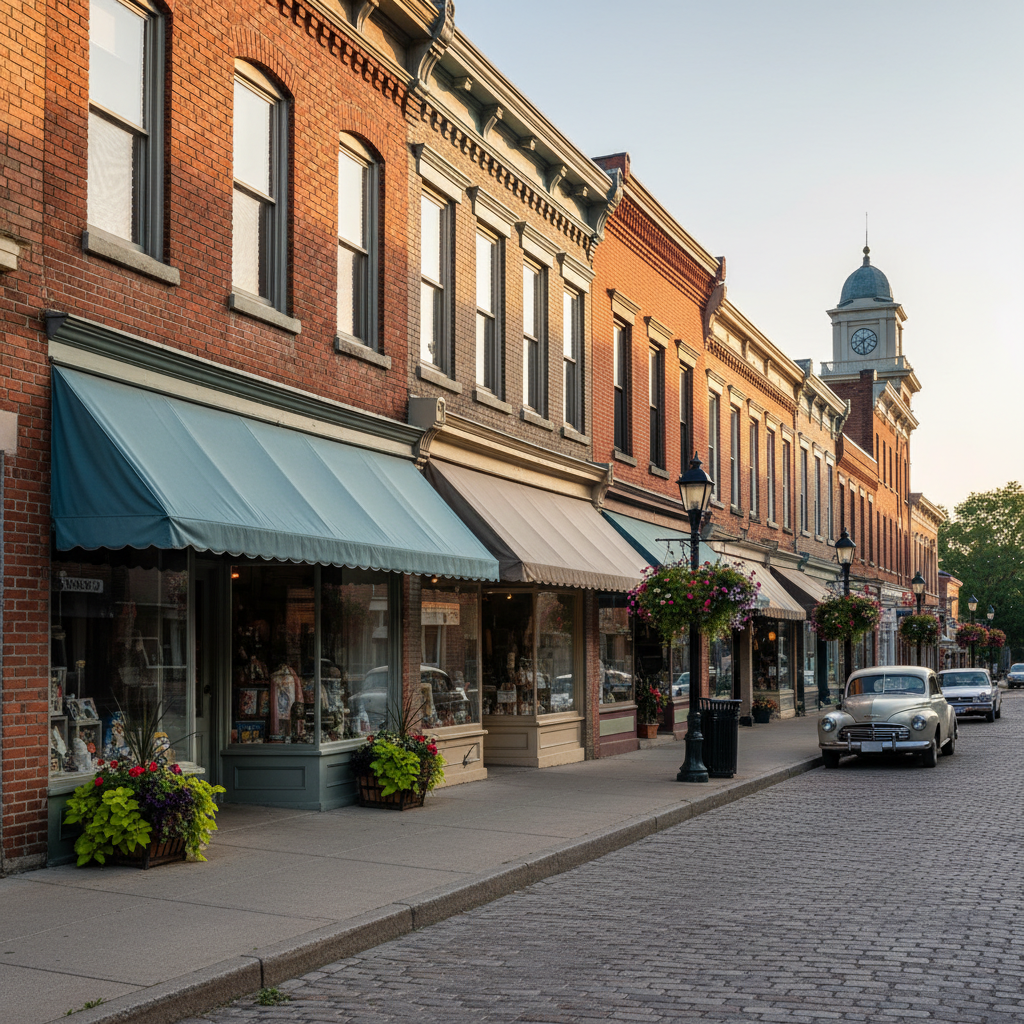 Heritage brick buildings along Hurontario Street in downtown Collingwood showing late-Victorian commercial architecture