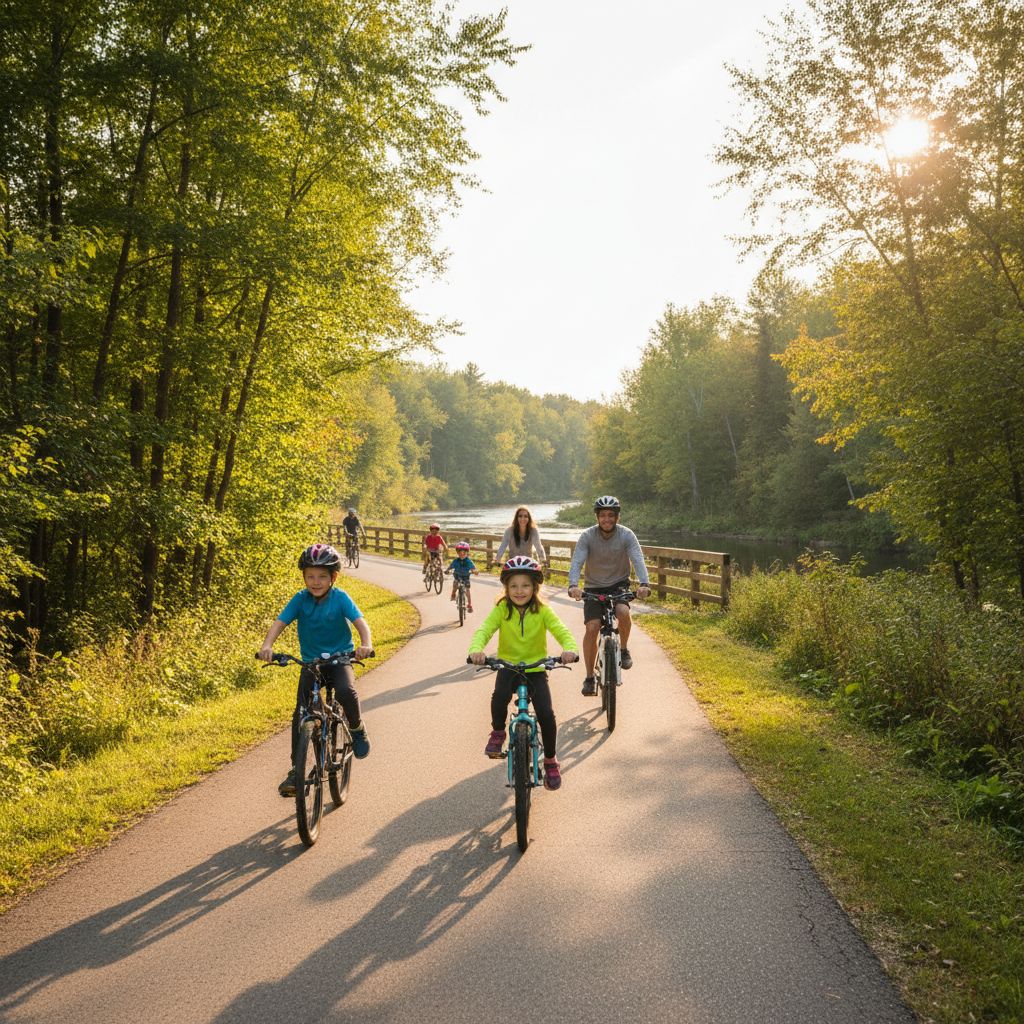 Children cycling on a trail near Collingwood with trees and blue sky