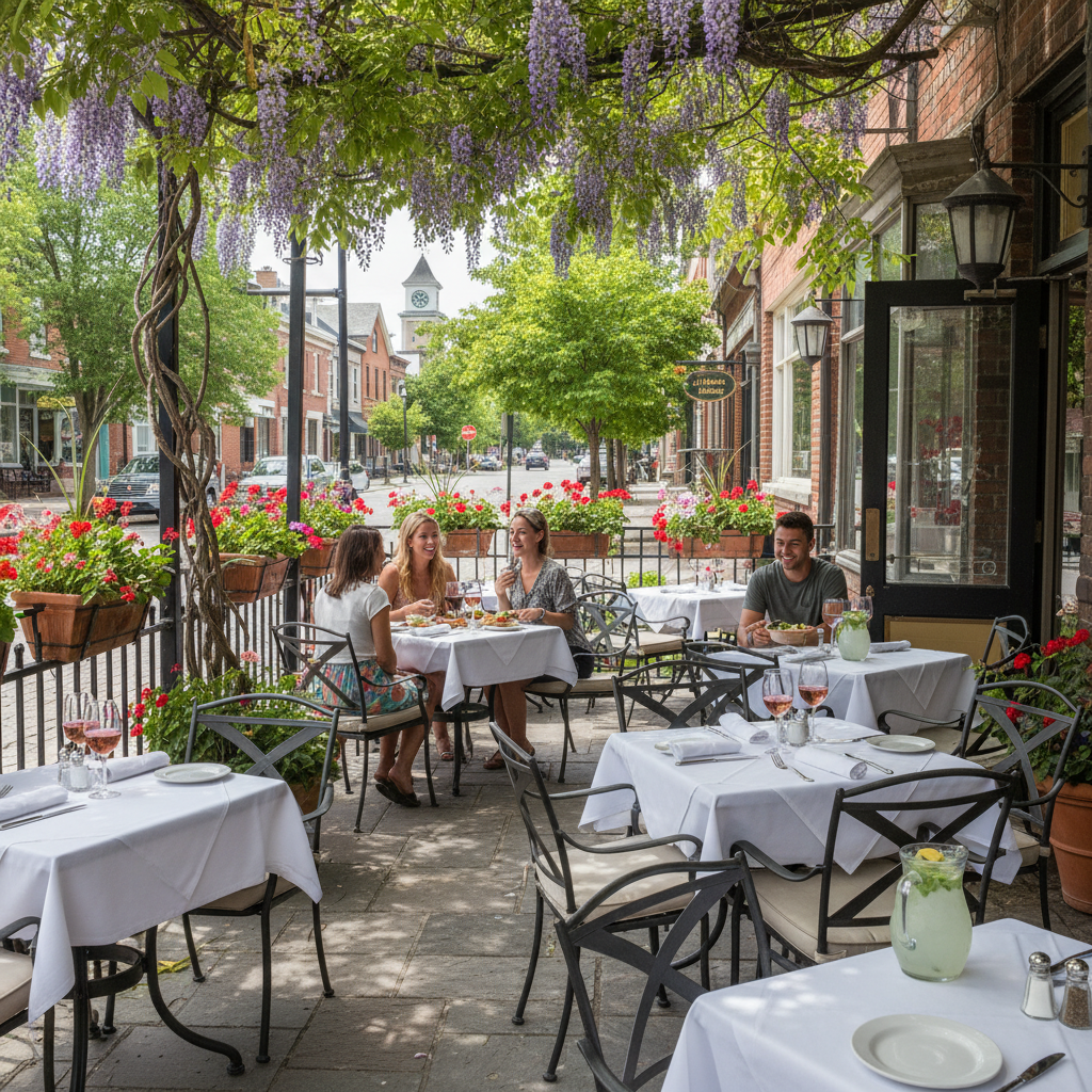 Patio dining on Hurontario Street in downtown Collingwood on a summer evening