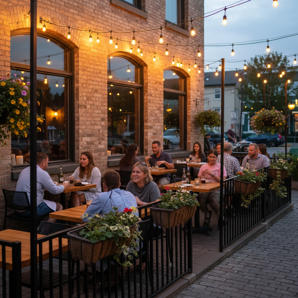 Outdoor patio dining on Hurontario Street in downtown Collingwood on a warm summer evening with string lights overhead