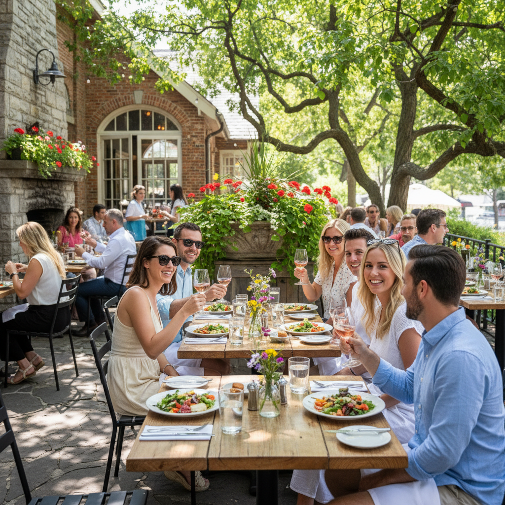 Diners on a restaurant patio along Hurontario Street in downtown Collingwood