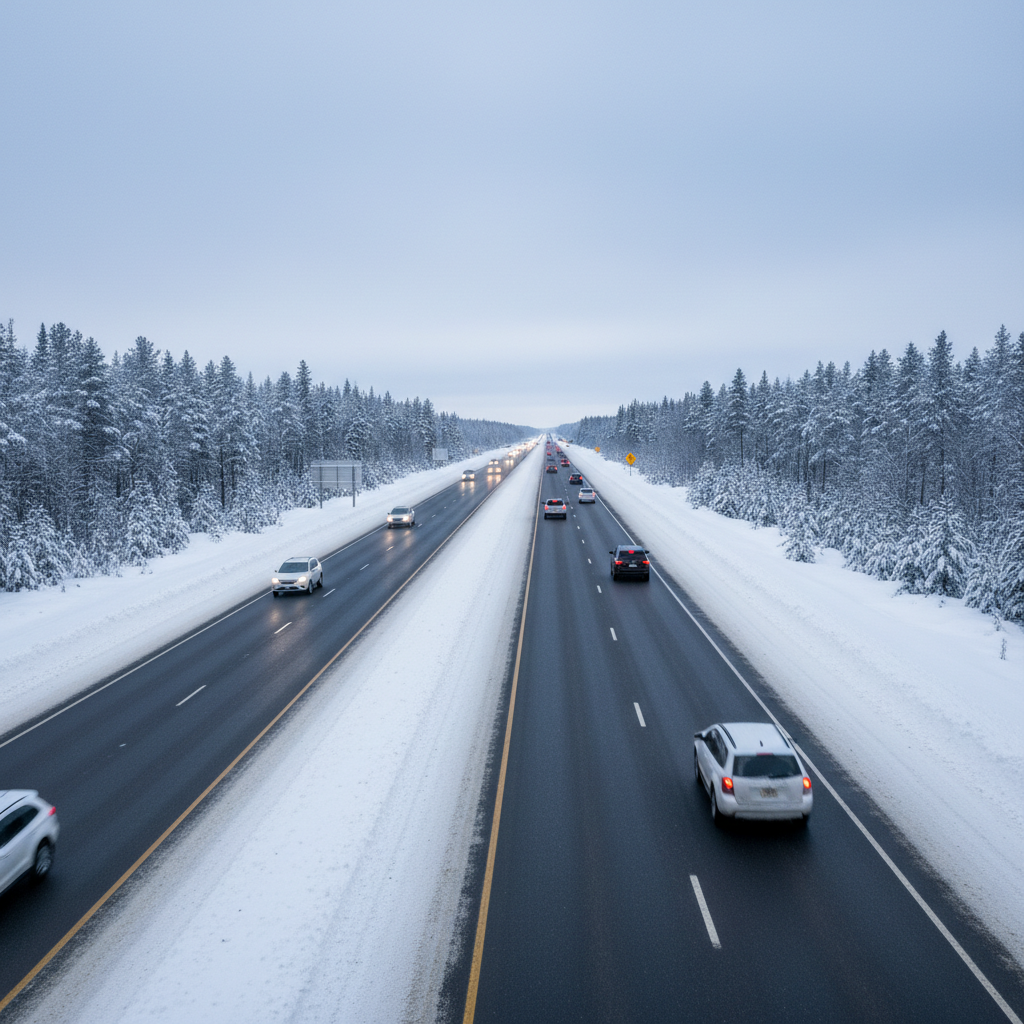 Winter driving conditions on a highway near Collingwood with snow on the ground