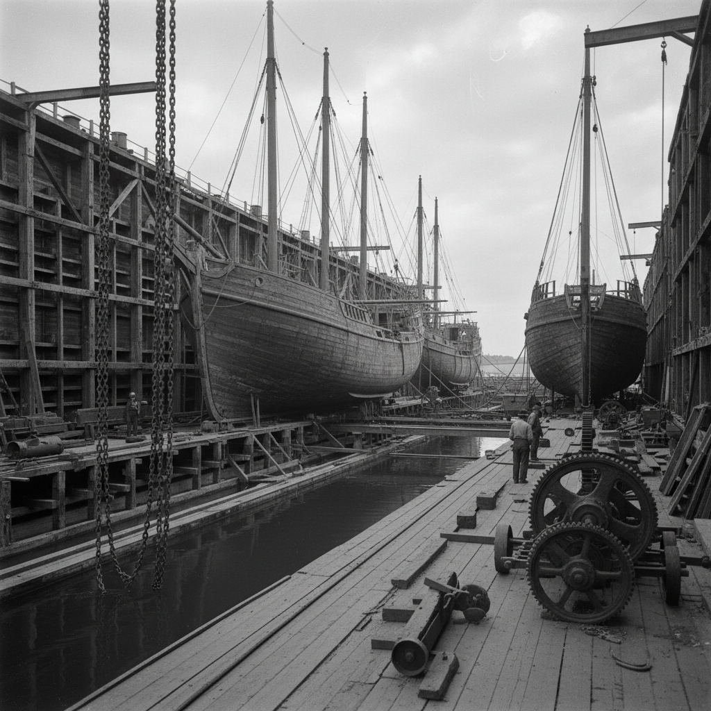 Historical photograph of the Collingwood Shipyards showing ships under construction on the Georgian Bay waterfront