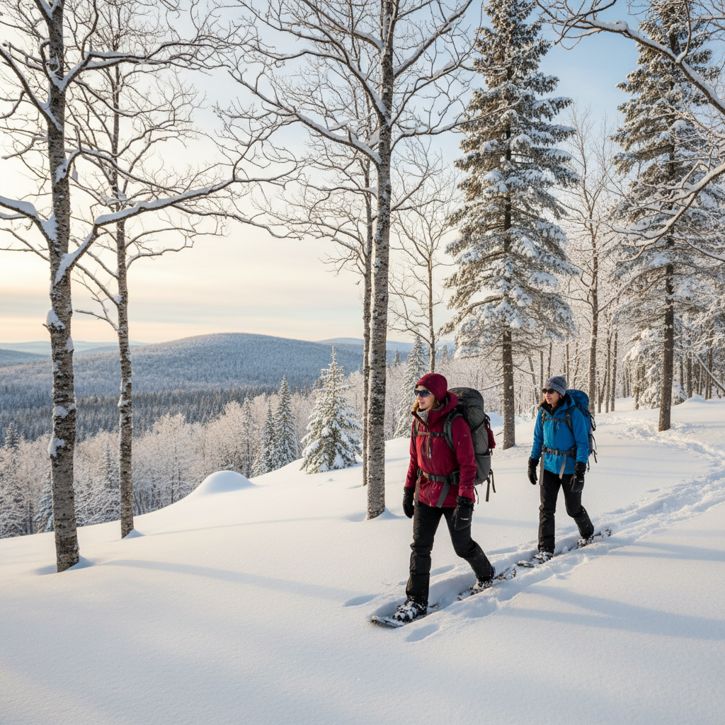 Snowshoers on a trail along the Niagara Escarpment near Collingwood