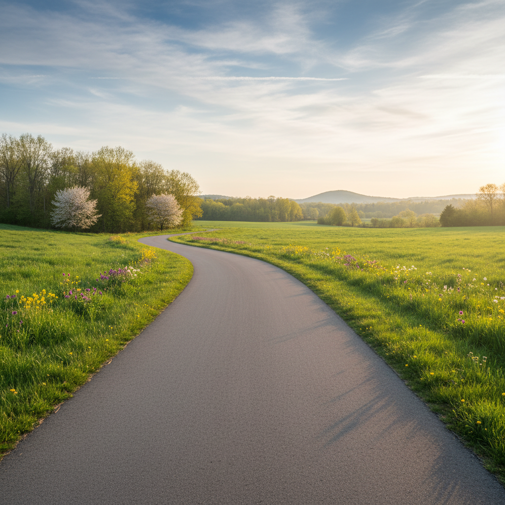The Georgian Trail in spring with budding trees and a cyclist in the distance