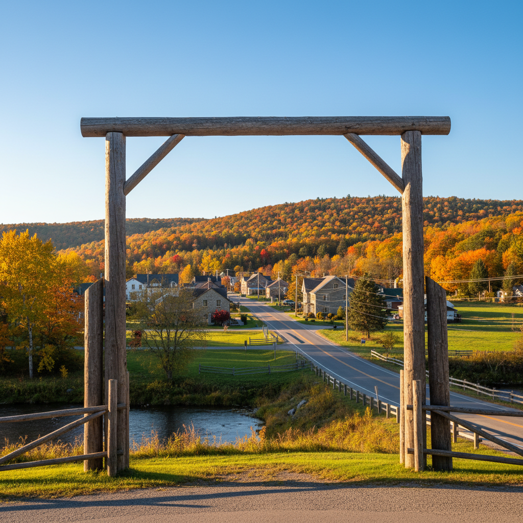 Welcome to Collingwood town sign with Georgian Bay in the distance