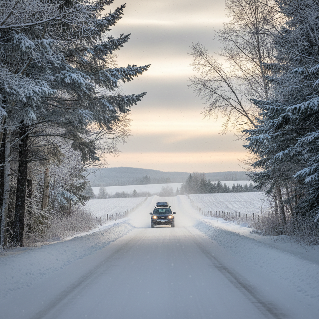Winter road approaching Collingwood with snow-covered landscape