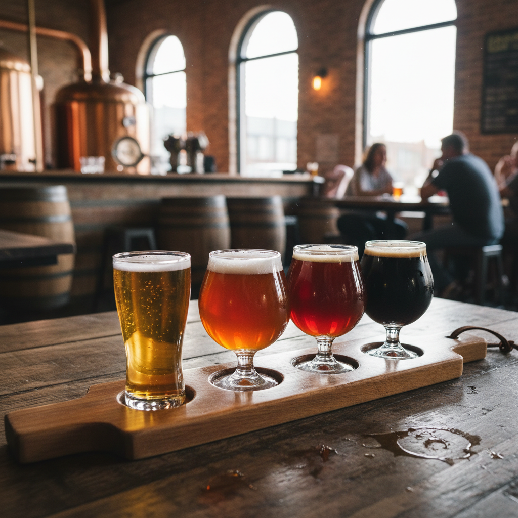 A flight of craft beers at a Collingwood brewery taproom with brewing equipment visible in the background