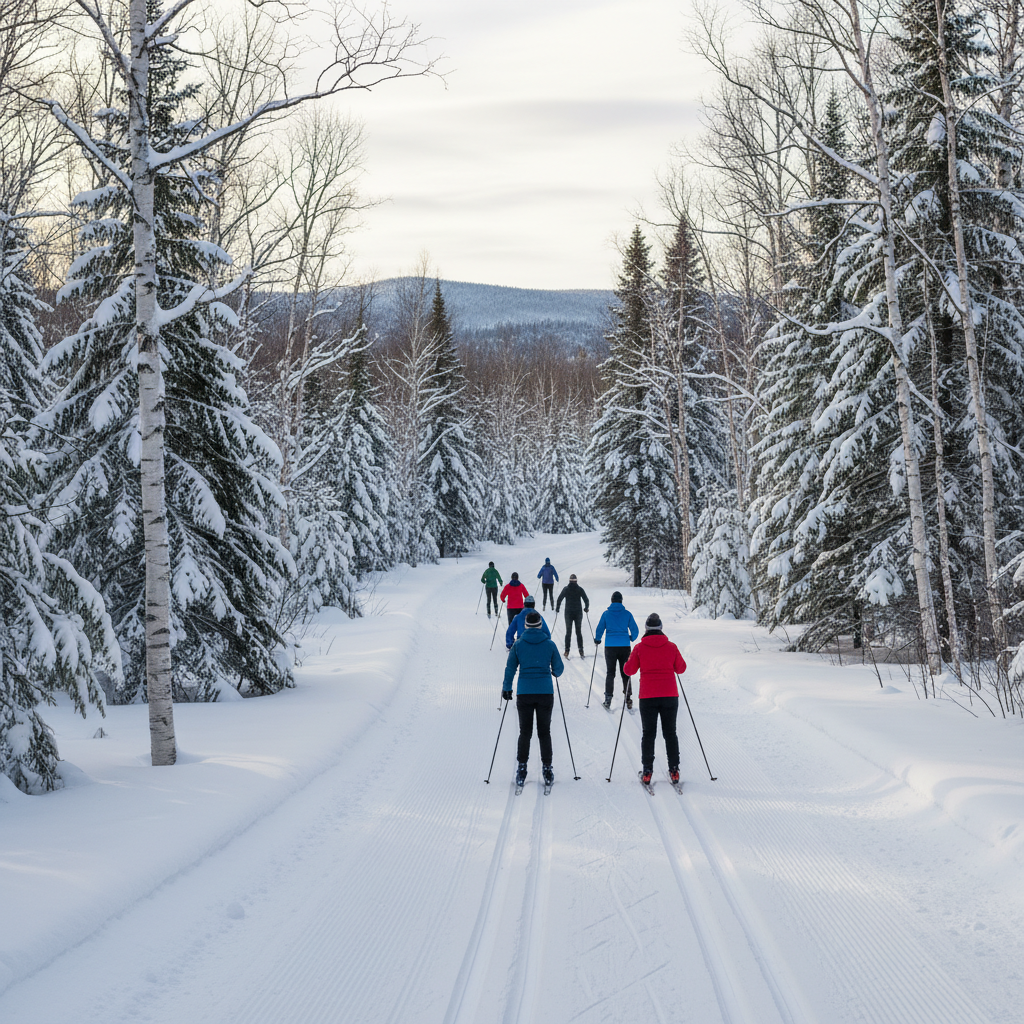Cross-country skier on a groomed trail through snow-covered forest near Collingwood
