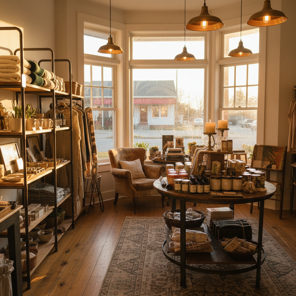 Interior of an independent boutique shop in downtown Collingwood with clothing racks, accessories, and warm lighting