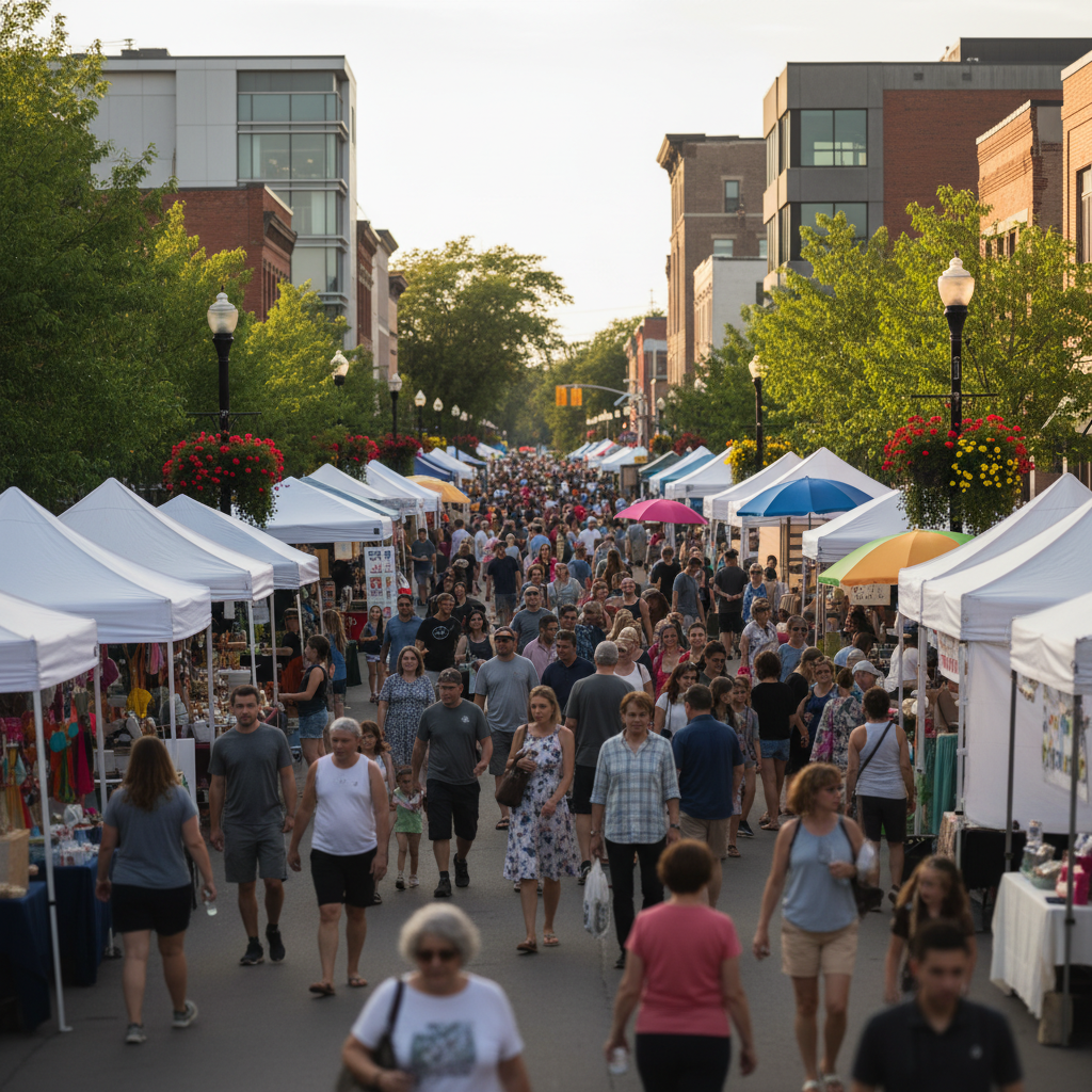 Crowd filling Hurontario Street during the Collingwood Elvis Festival with performers on a street stage