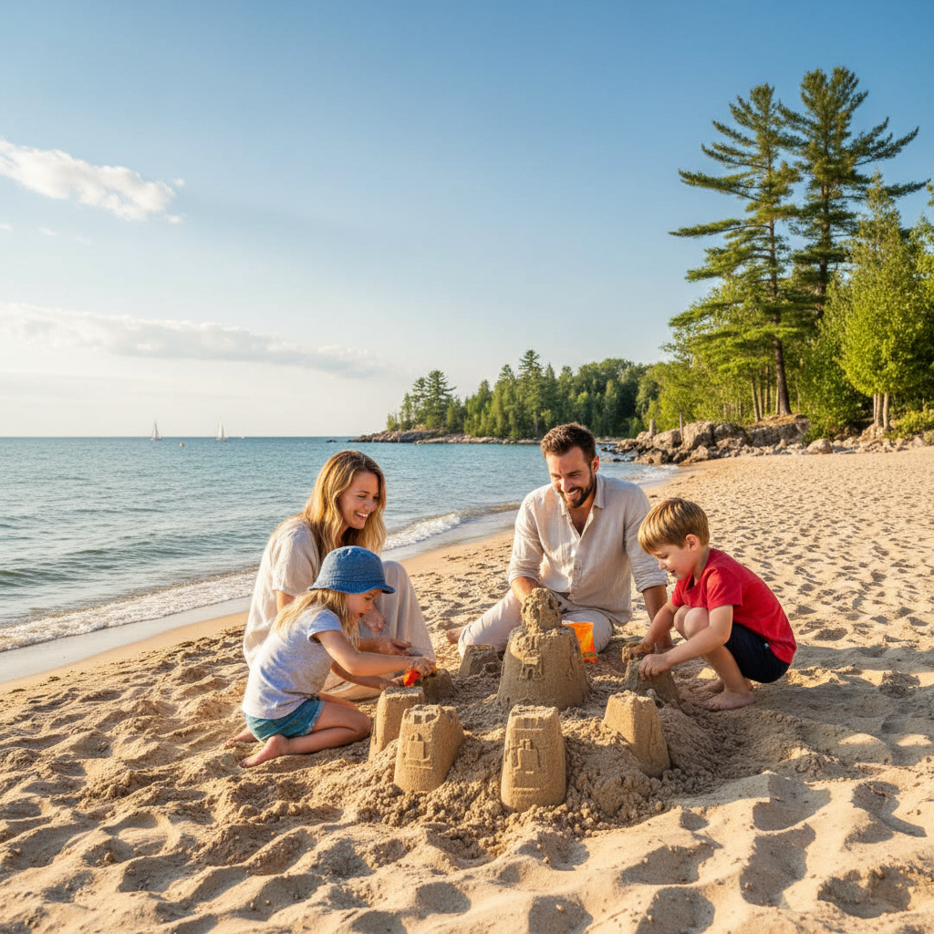 Family with children building sandcastles at a sandy beach on Georgian Bay near Collingwood
