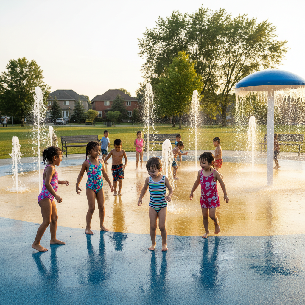 Children playing at a splash pad in a Collingwood park on a summer day