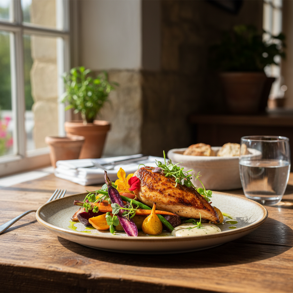 A beautifully plated farm-to-table dish at a Collingwood restaurant featuring seasonal Ontario ingredients