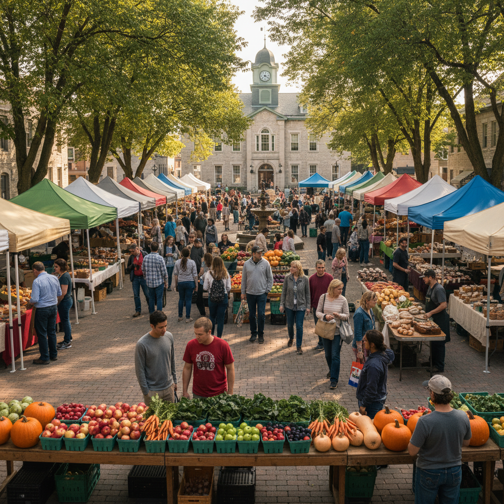 Busy Saturday morning at the Collingwood Farmers Market with vendors selling fresh produce under white tent canopies