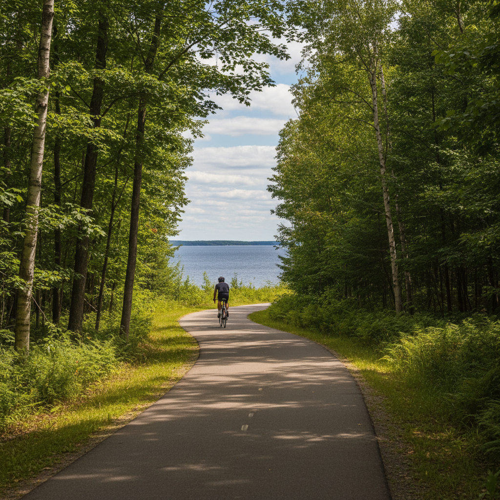 The paved Georgian Trail running alongside Georgian Bay with the water visible through the trees on a clear morning