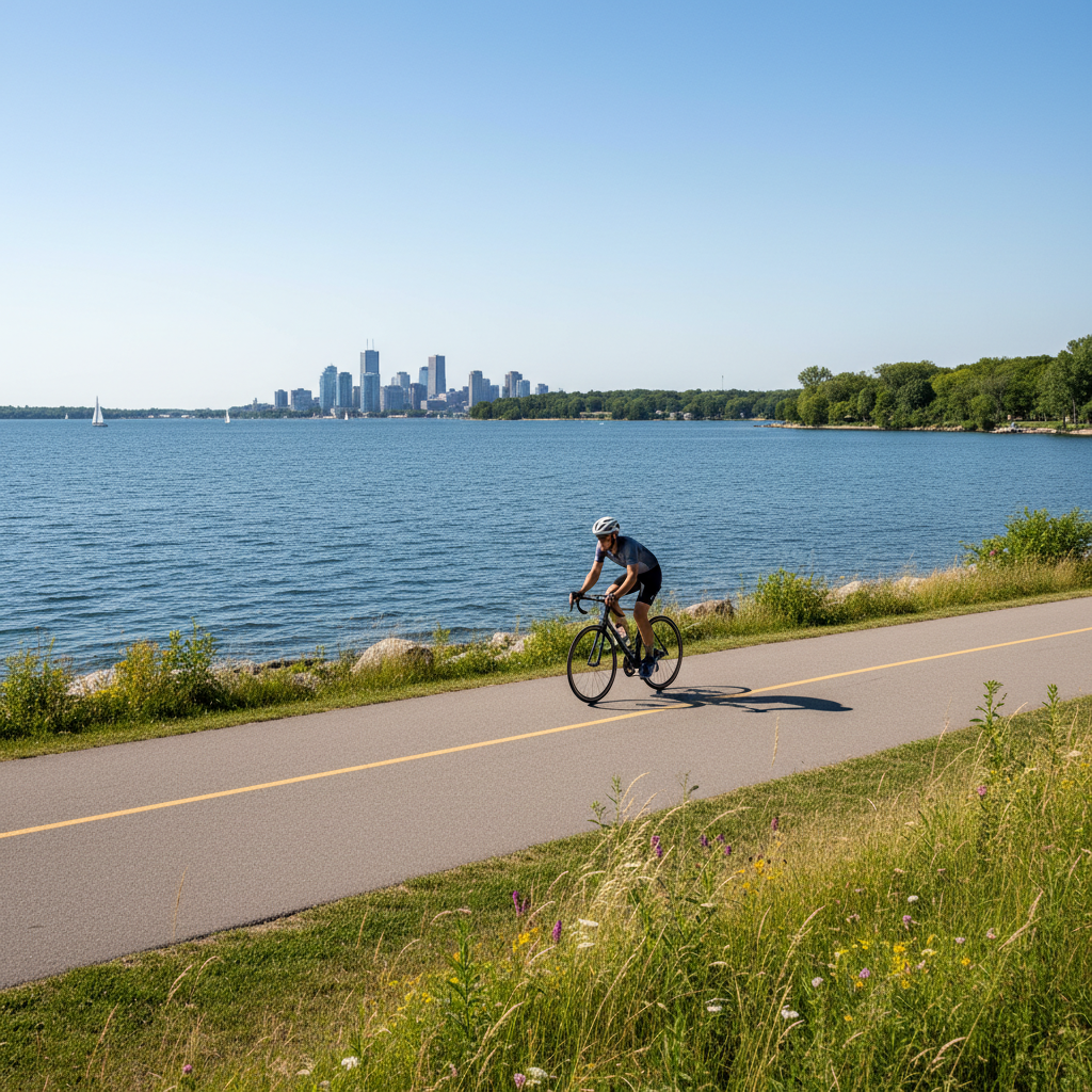 Cyclist on the Georgian Trail with Georgian Bay visible through the trees
