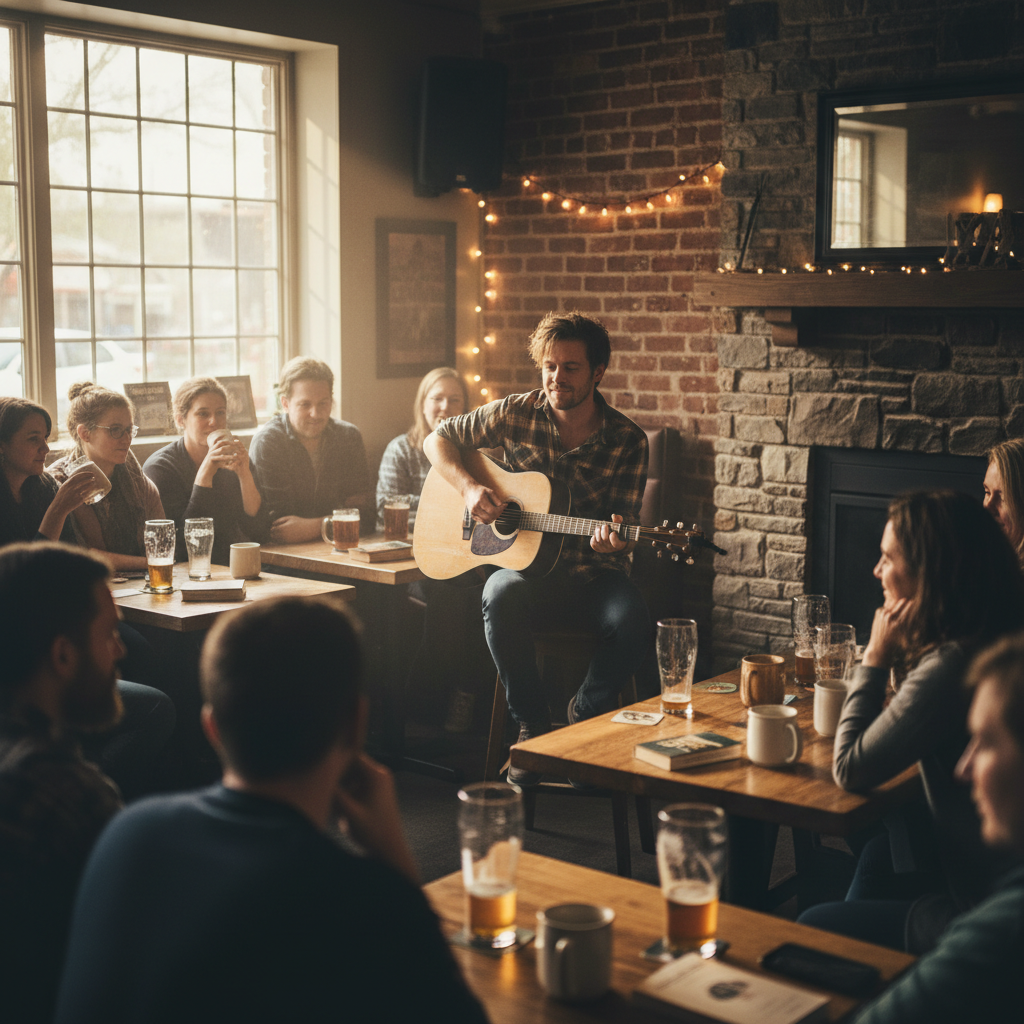 Musician performing on a small stage at a downtown Collingwood pub with an engaged audience