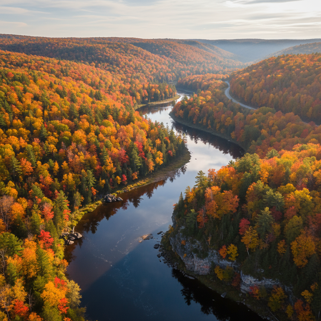 The Pretty River Valley trail in autumn with vibrant red and orange maple leaves and the river visible below