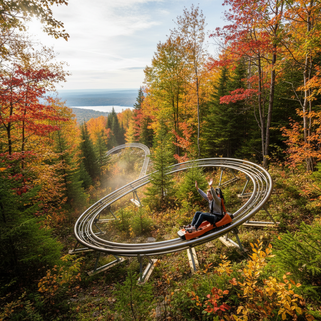 Riders on the Ridge Runner Mountain Coaster winding through the forest at Blue Mountain Village