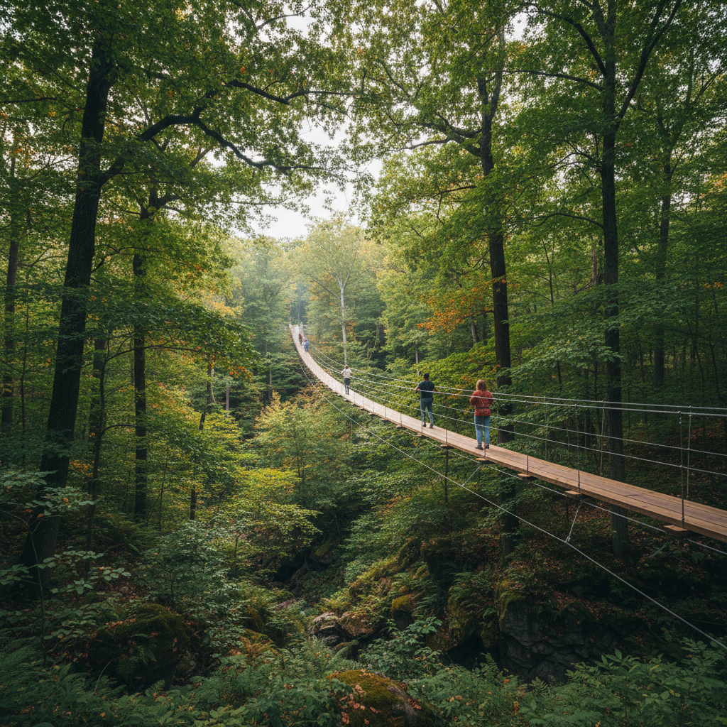 Visitors crossing the suspension bridge at Scenic Caves Nature Adventures with Georgian Bay visible in the distance