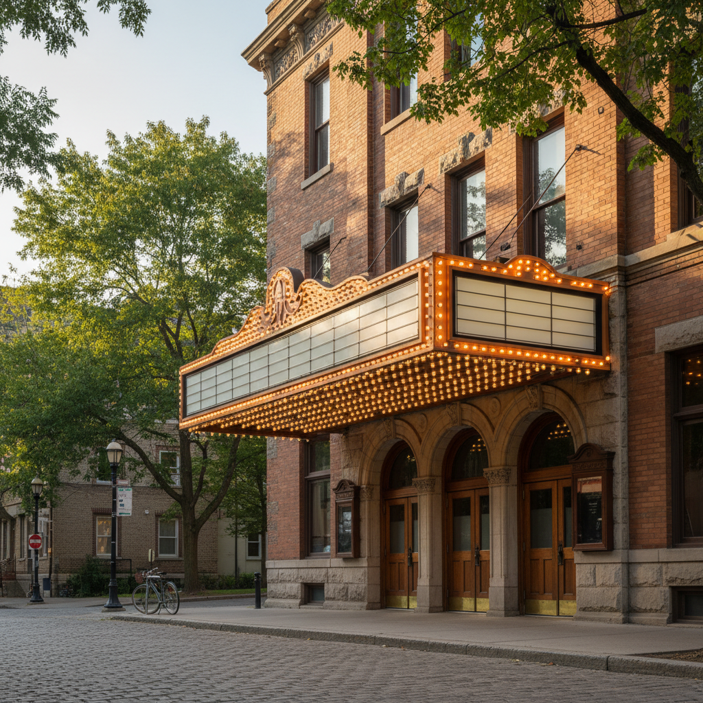 The facade of the Simcoe Street Theatre in downtown Collingwood with its marquee displaying upcoming performances
