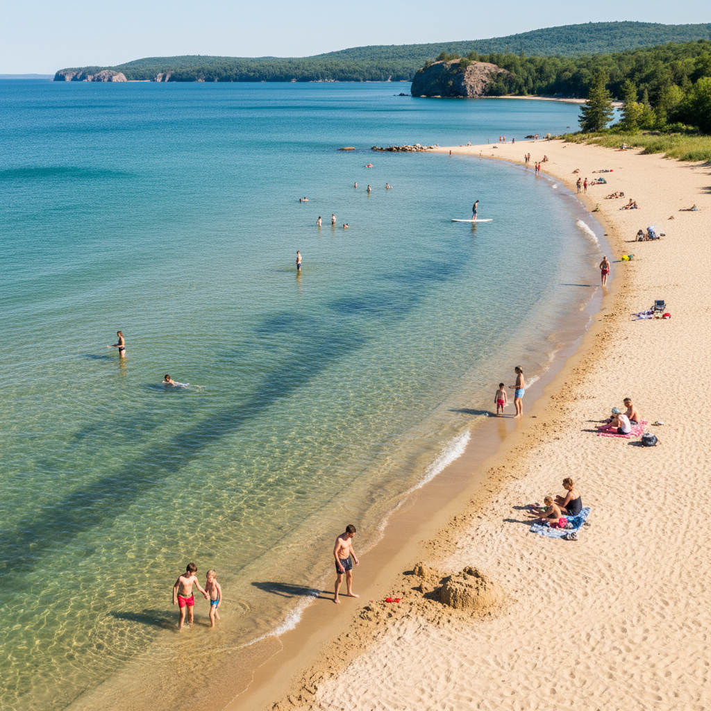 People walking along Sunset Point Beach in Collingwood at golden hour