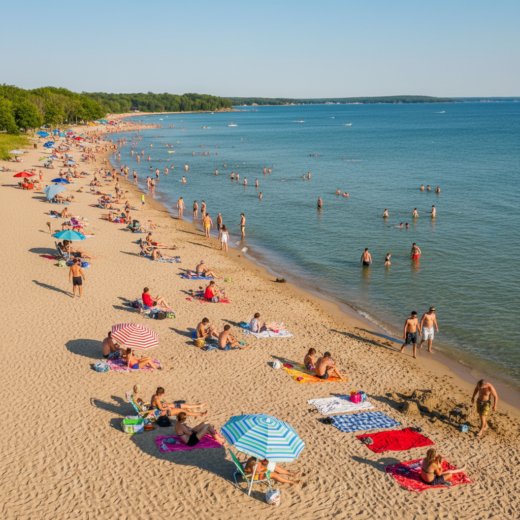 People relaxing on the sandy beach at Sunset Point Park on a sunny summer afternoon in Collingwood